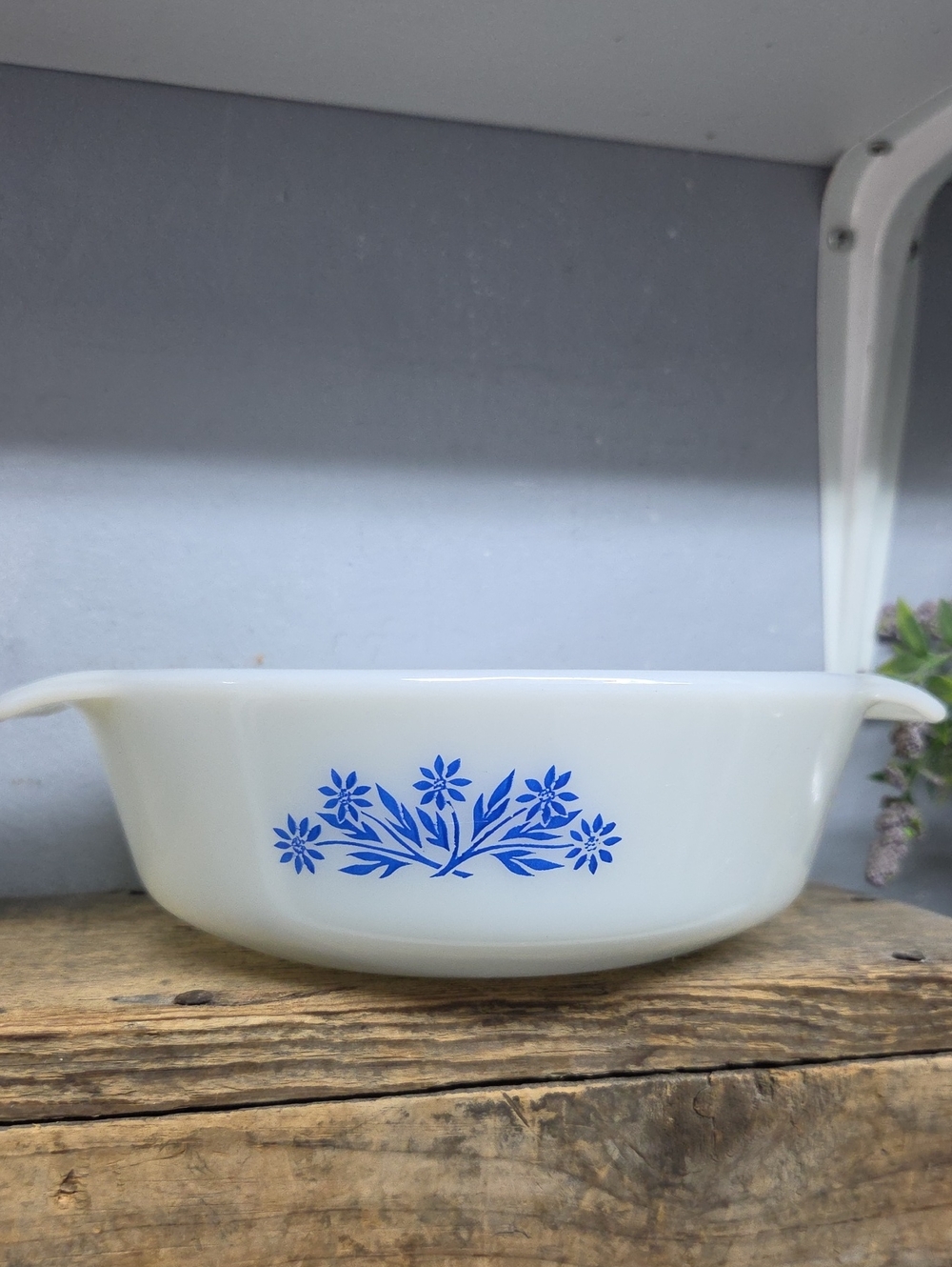 Vintage Anchor Hocking Fire King Milk Glass Casserole Dish Blue Corn Flower